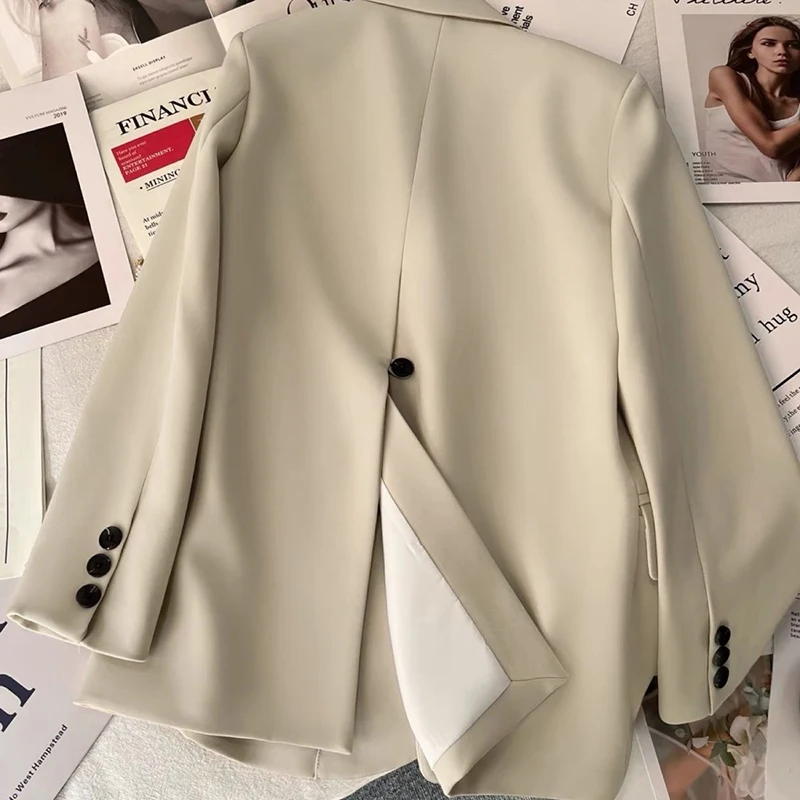 Chaqueta de traje blanca con abertura en la espalda para mujer, Blazer de manga larga con bolsillo coreano, con botones, para oficina, otoño