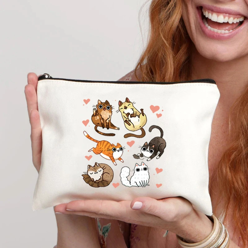 Bolsa de cosméticos de lona para mujer, organizador con estampado de gatos divertidos, con cremallera, almacenamiento de artículos diversos, bolsa de maquillaje, suministros de oficina, estuche para lápices