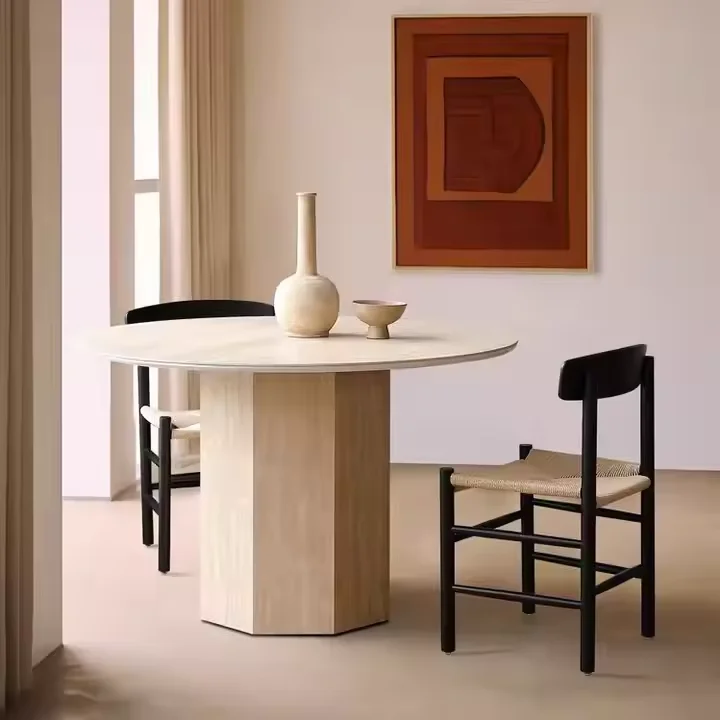 

#d FOR Modern Luxury Design Home Furniture Beige Round Travertine Dining Table for Dining Room Restaurant Apartment&