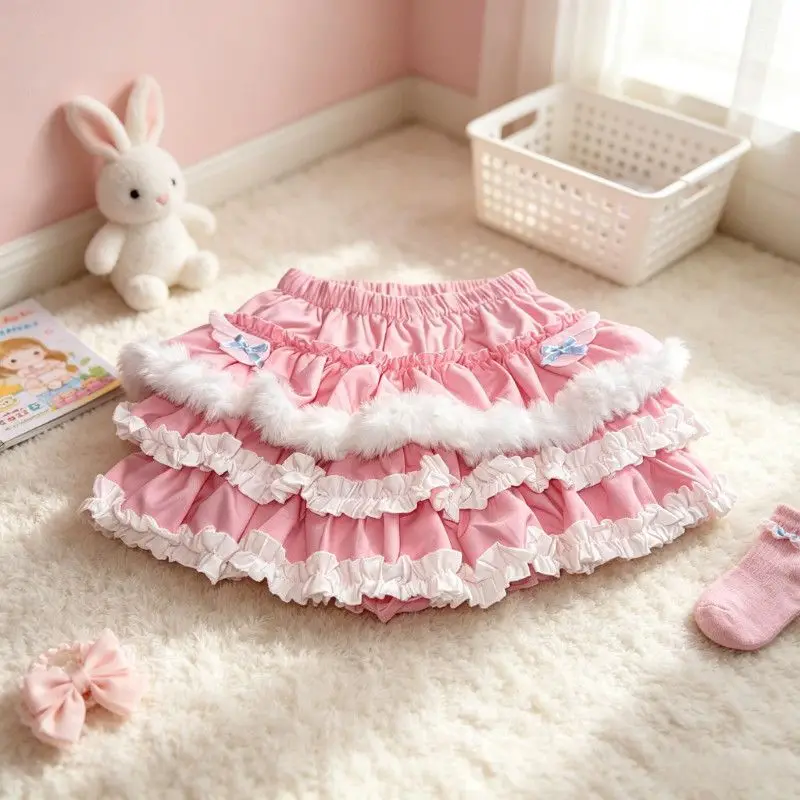 Japanes Sweet Lolita Style Fluff Mini Skirts Women Y2K Aesthetic Slim Cake Skirt Winter Cute Fashion Bow A-line Skirt New