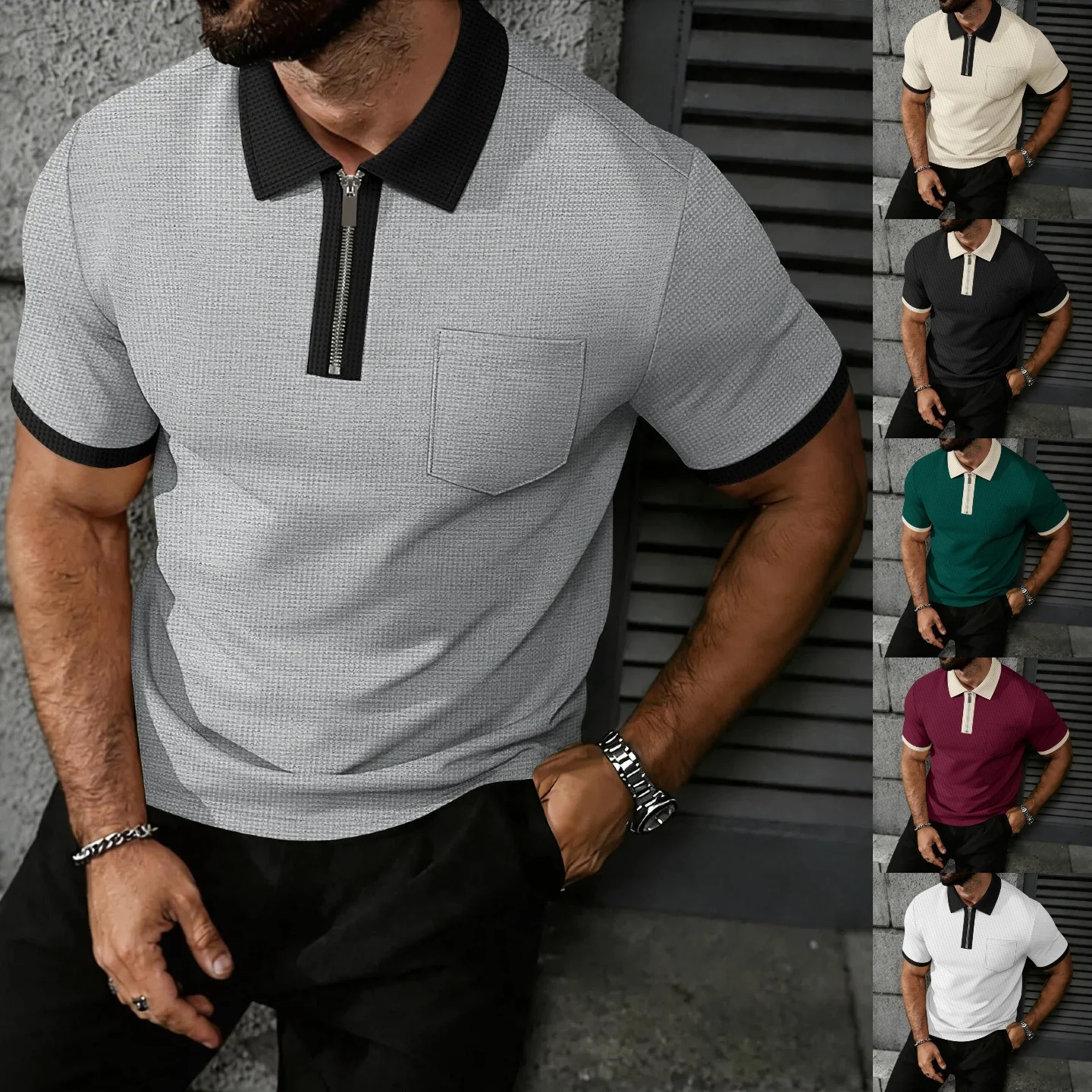 

Summer men's new style, urban texture light and mature business casual breathable, pocketed zipper multi-color short sleeve