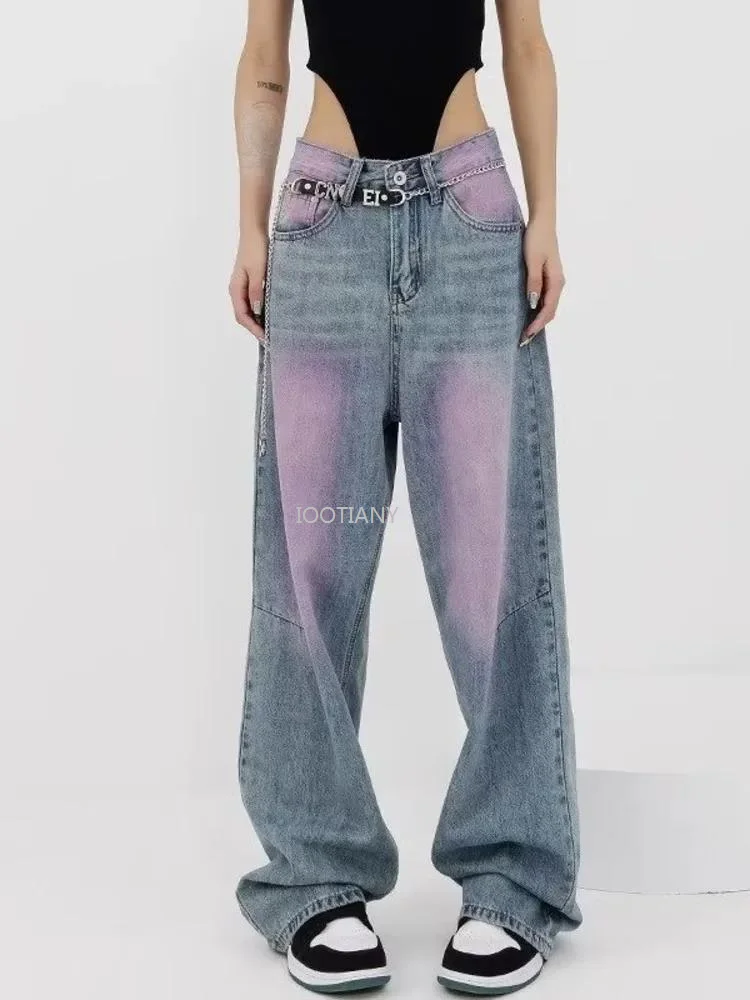Summer New High Waist Spray Dyed Graffiti Straight Tube Wide Leg Women's Pants High Street Vintage Jeans Casual Contrast Trouser