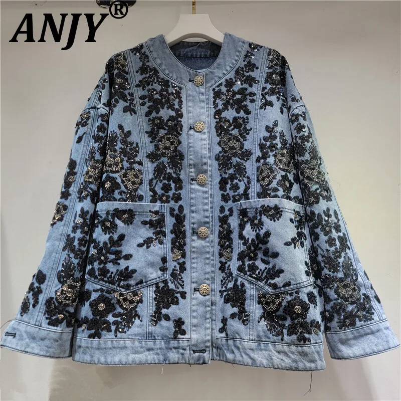 ANJY Autumn Winter New Women Fashion Heavy Embroidery Sequin Flower Elegant Temperament Denim Jacket High-End Chic Trendy A15596
