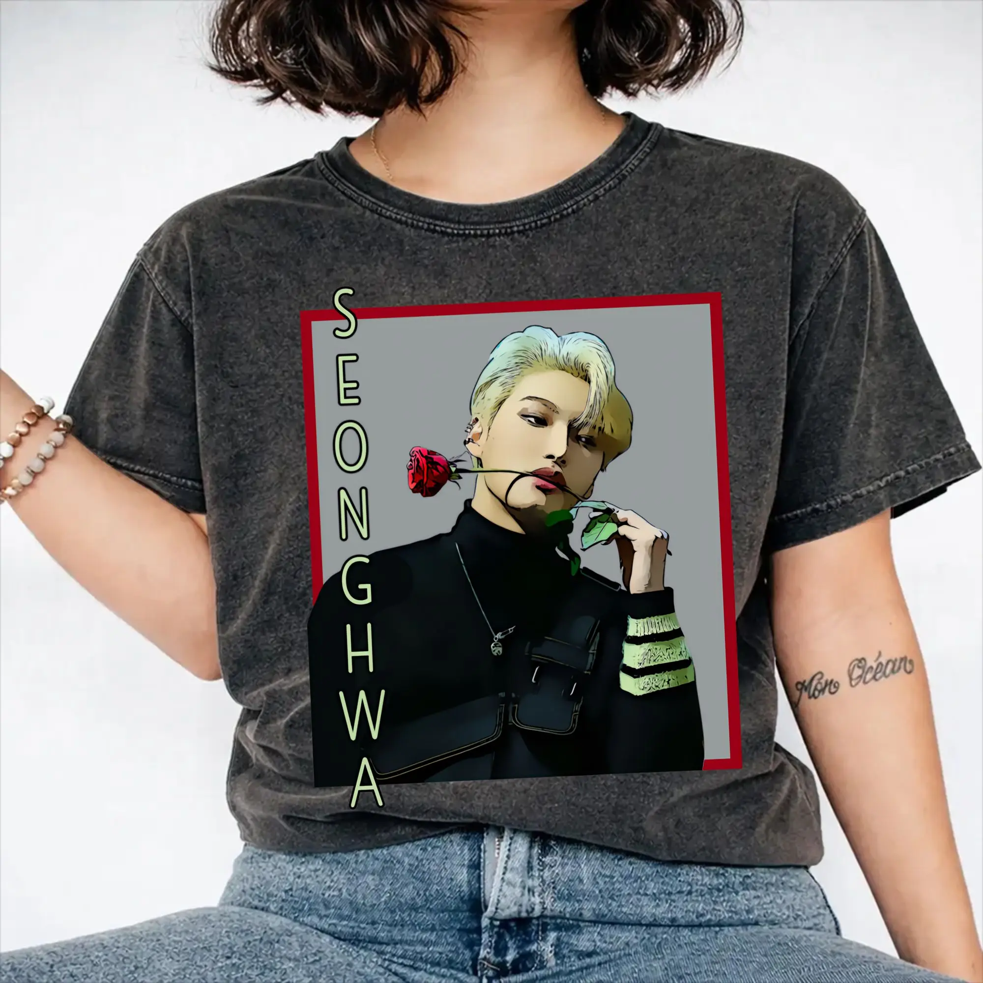 Summer Ateez Seonghwa  Washed Shirt Outfit Harajuku T-Shirts  Men Women Tees