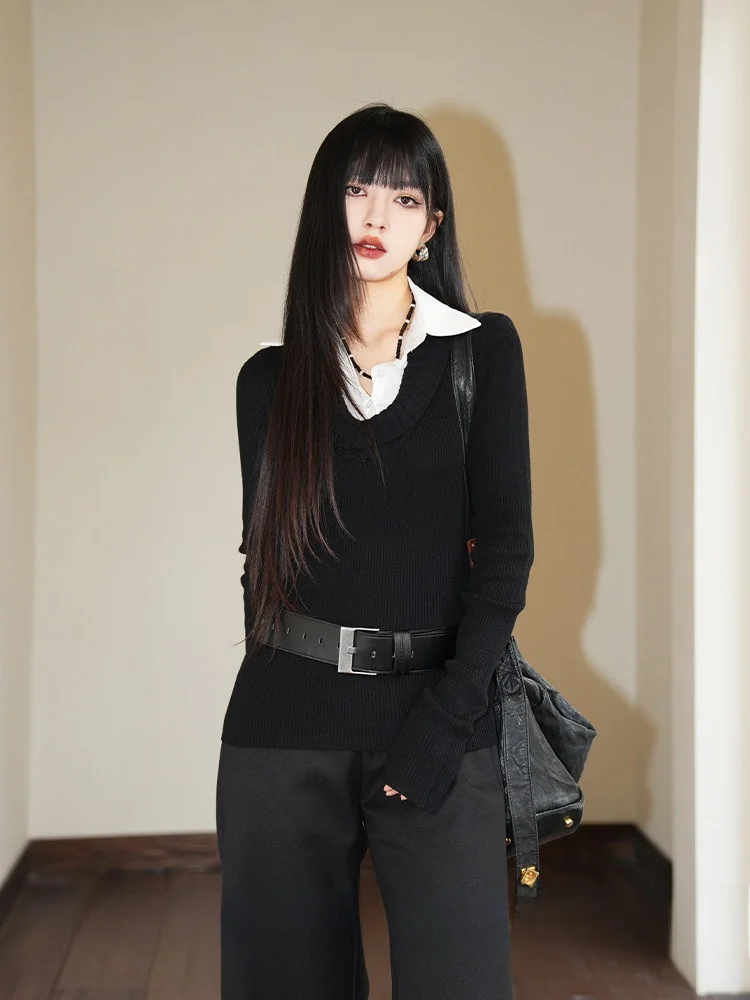 

Bla Long Sve irt Collar Splice Knitted Sweater Women's Slim Fit Inner Wear Base Layer Autumn Winter Color Top