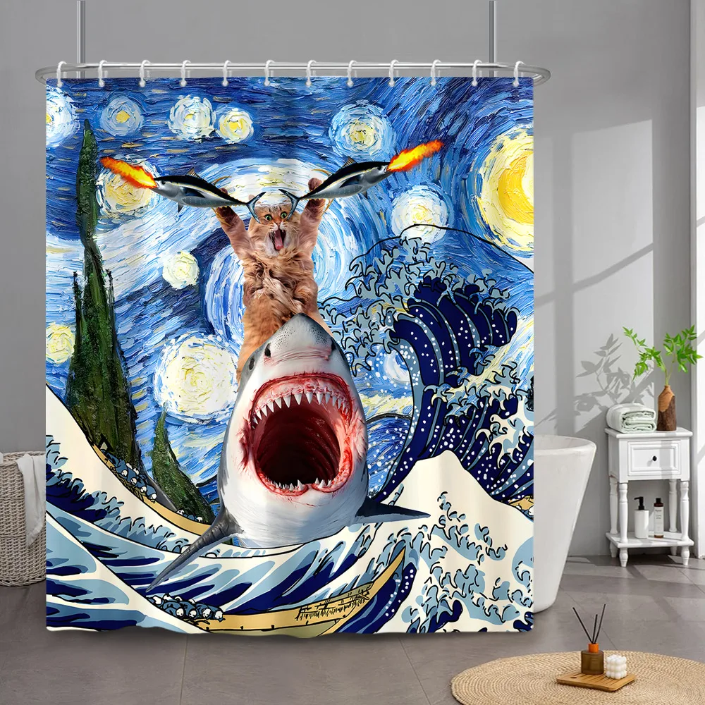 Divertido gato cortina de ducha lindo Cool Kitty montar ballena dibujos animados Animal ola de mar niños baño cortina impermeable con gancho