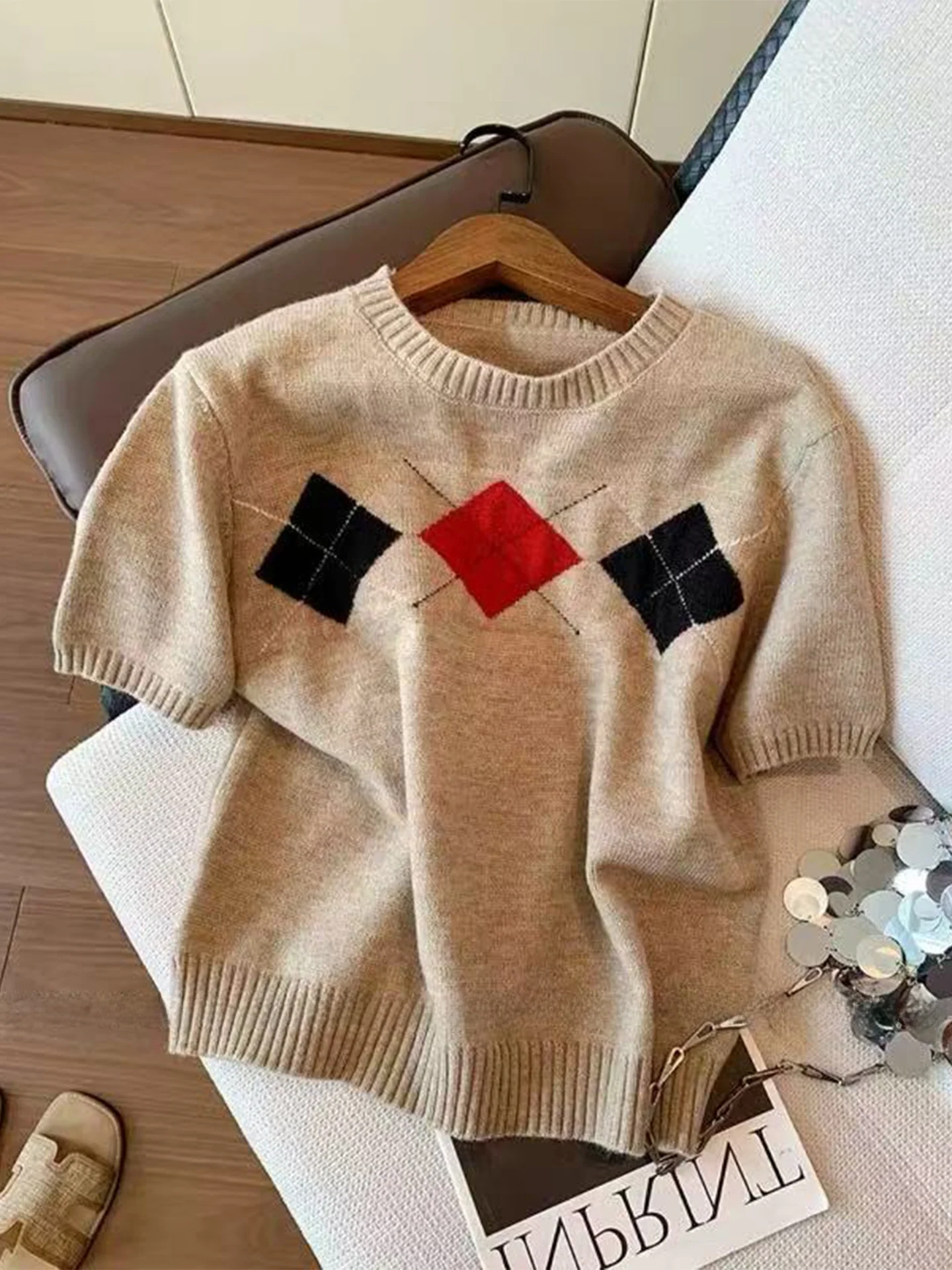 

Spring Summer Women's Knitted ort Sve Embroidered Diamond Pattern Slimming Versatile Top Money Can't Buy Sle Classic D...