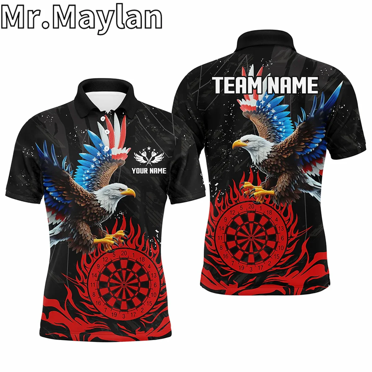 Personalized 3D Eagle American Flag Patriotic Darts Polo Shirts For Men Custom Red Flame Darts Jerseys Gifts For Darts Lovers