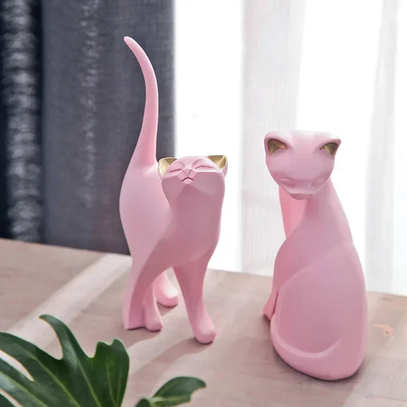 

2PCS Nordic Pink Kitten Resin Cat Ornaments Creative Cute Animal Crafts Home Furnishing Decoration Bar Desktop Figurines Decor