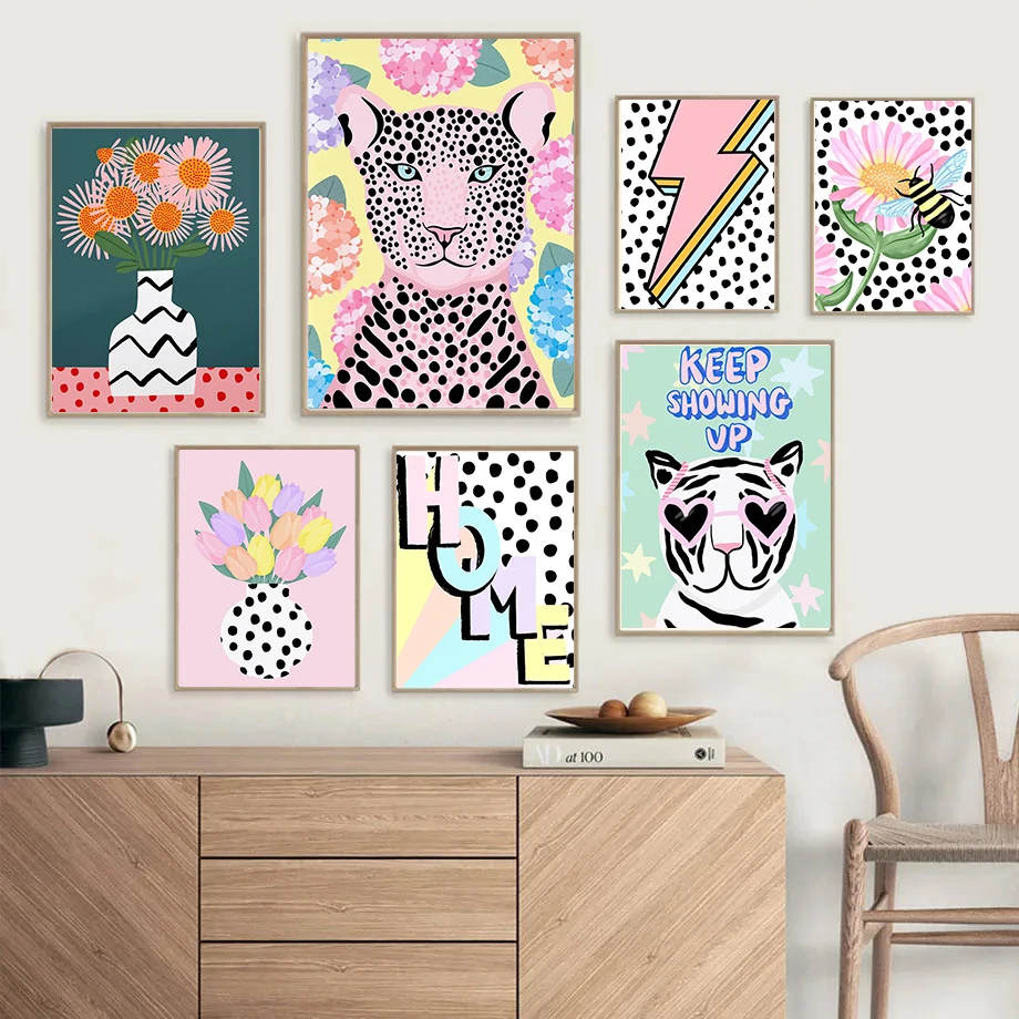 Leopard Girl Pastel Lightning Bolt Decor Posters Retro Abstract Wall Art Prints Canvas Painting Living Room Bedroom Home Decor