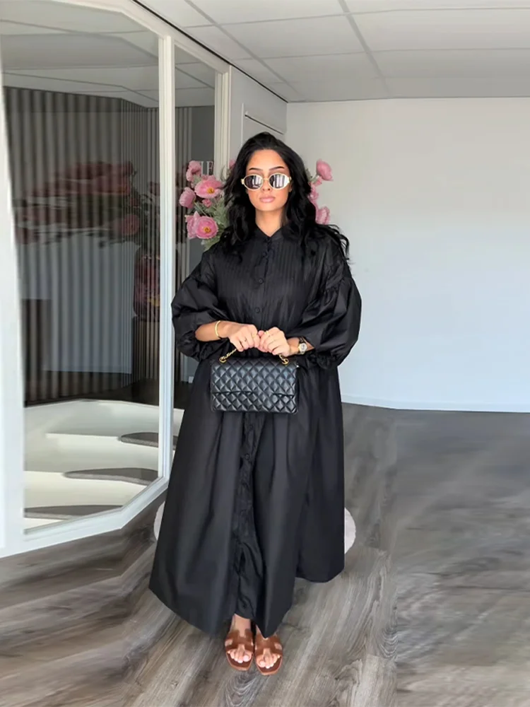 Elegantจีบชุดยาวผู้หญิงOversizeโคมไฟเดี่ยวBreasted O-คอชุดลําลองฤดูร้อน 2025 New Street Robe
