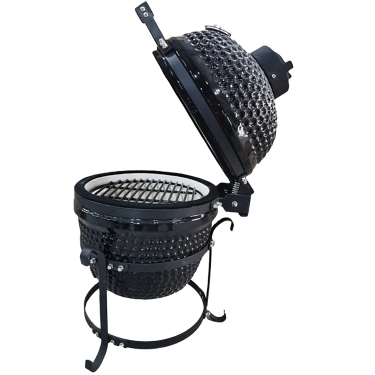 Kimstone 13inch Black Classic Pattern Ceramic Kamado Grill with Hinge System Portable Smokeless Party Ready Luxury Premium