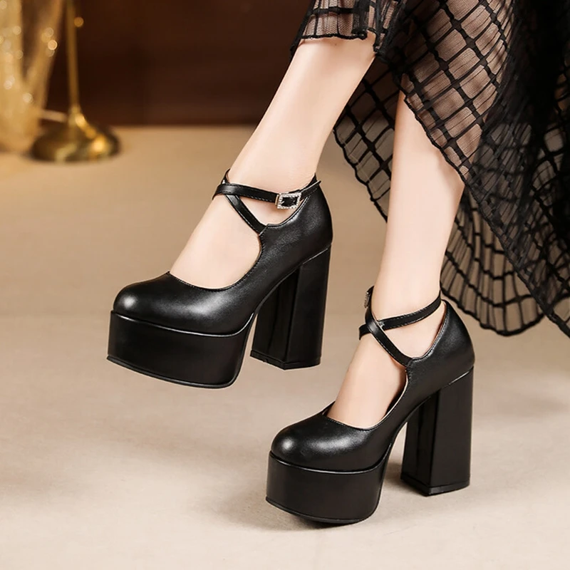 

BLXQPYT New Arrival 2022 Classic Pumps Black Leather Mary Janes Fashion Buckle Platform Heels Plus Size Women Shoes 42 43 C22-33