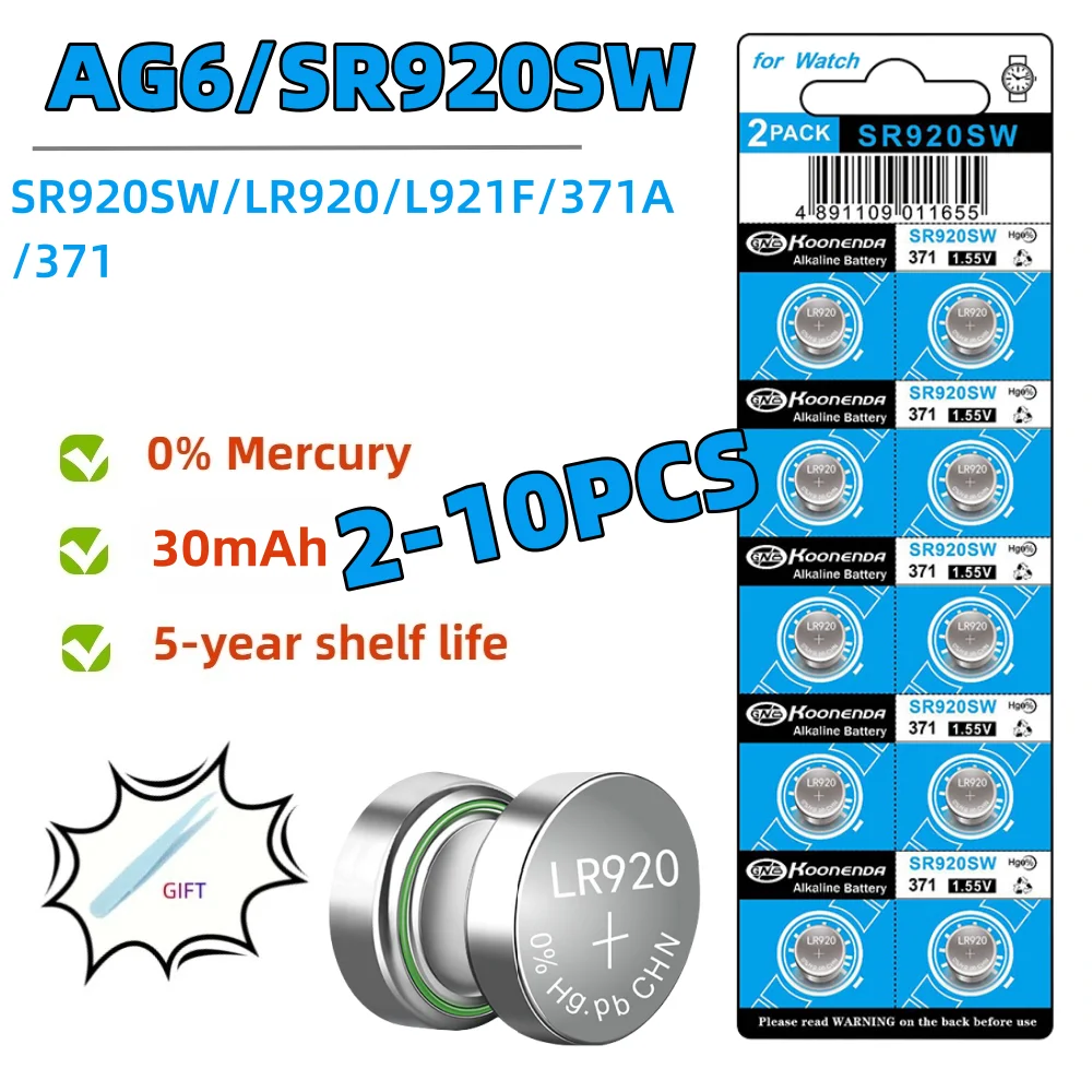 2-10PCS 1.55V AG6 30mAh 371 Button Batteries SR920SW LR920 SR927 171 370 L921 LR69 SR920  For Watch Toys Remote Cell Coin Batter