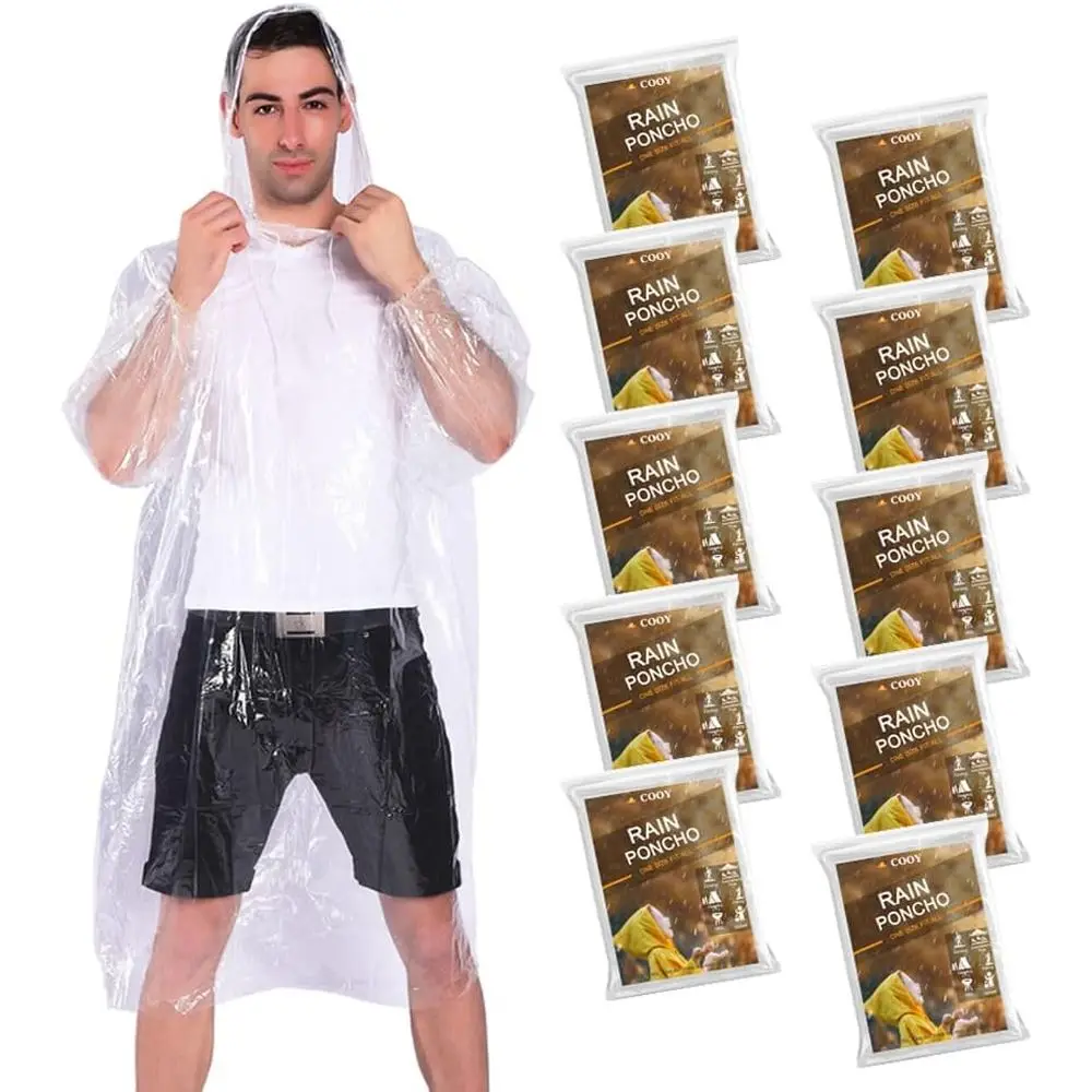 10 Pack Disposable Clear Rain Ponchos with Drawstring Hood for Family or Adults