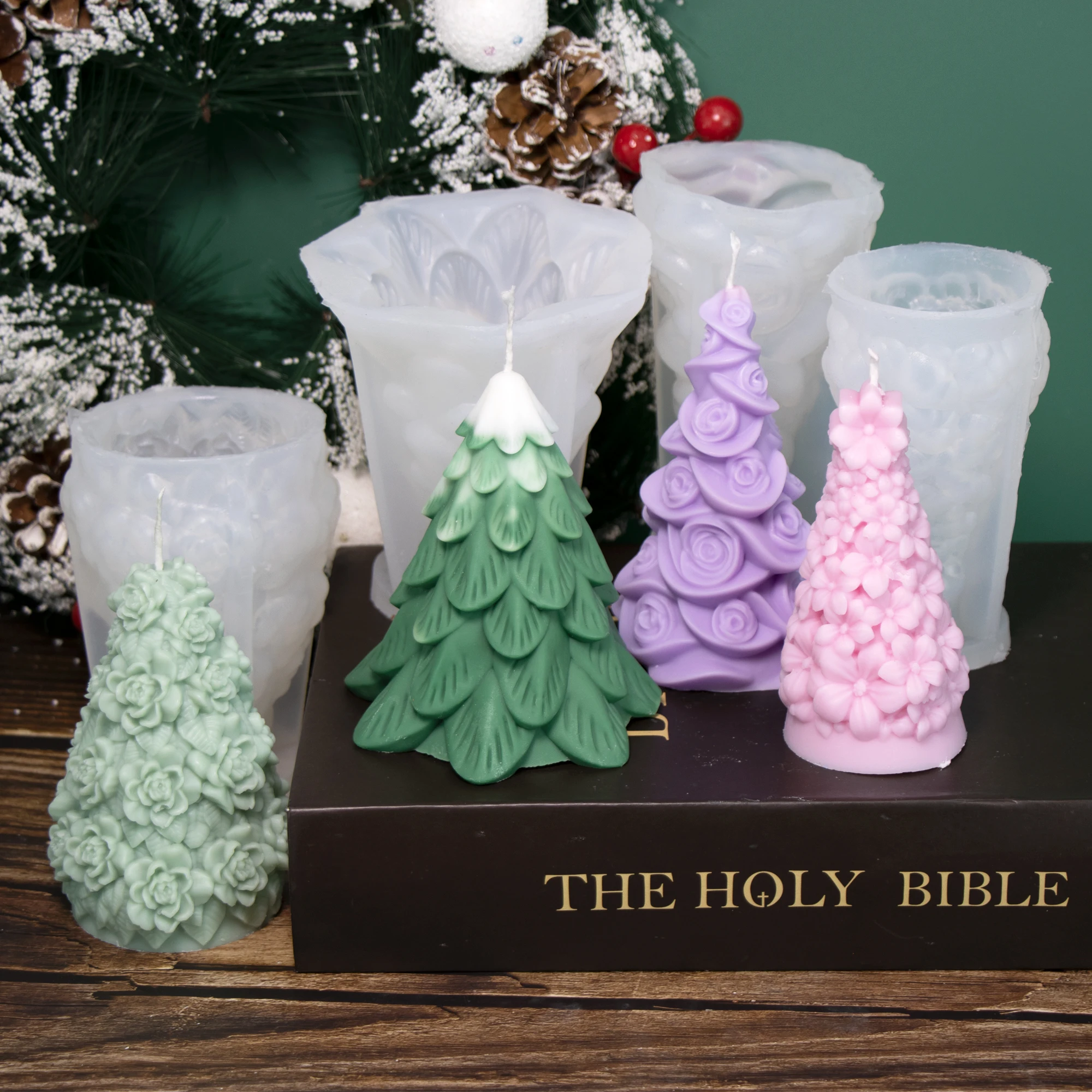 3D-Weihnachtsbaum-Silikon-Kerzenform, künstlerisches Blumenmuster, Seife, Harz, Gipsform für DIY Handwerk, Zuhause, Schreibtisch, Dekoration, Weihnachtsgeschenke