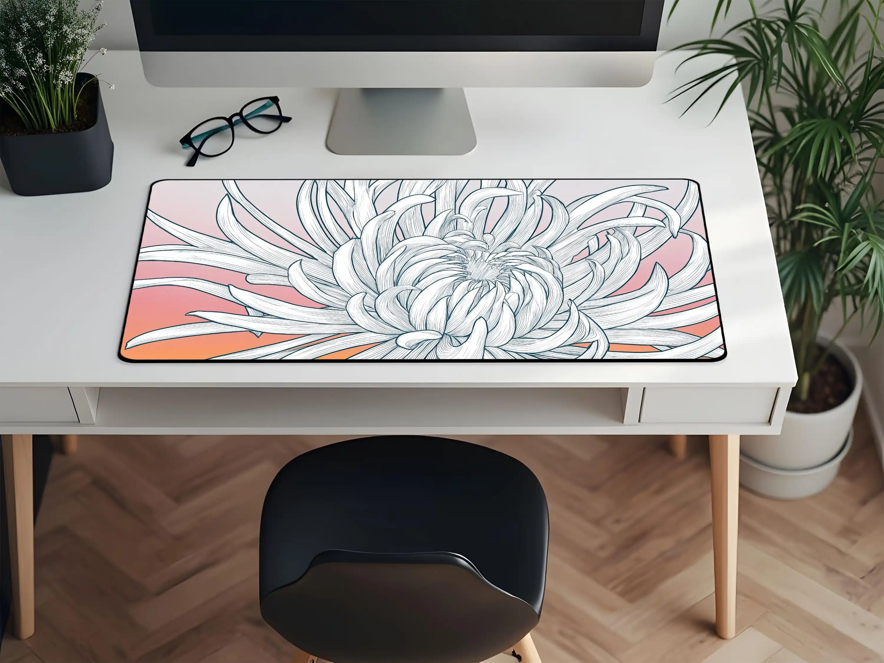 

Shy Chrysanthemum Table Mat, Elegant Floral Gaming Mouse Pad, Attractive Plant Office Decoration, Large Pink-orange Desk Mat