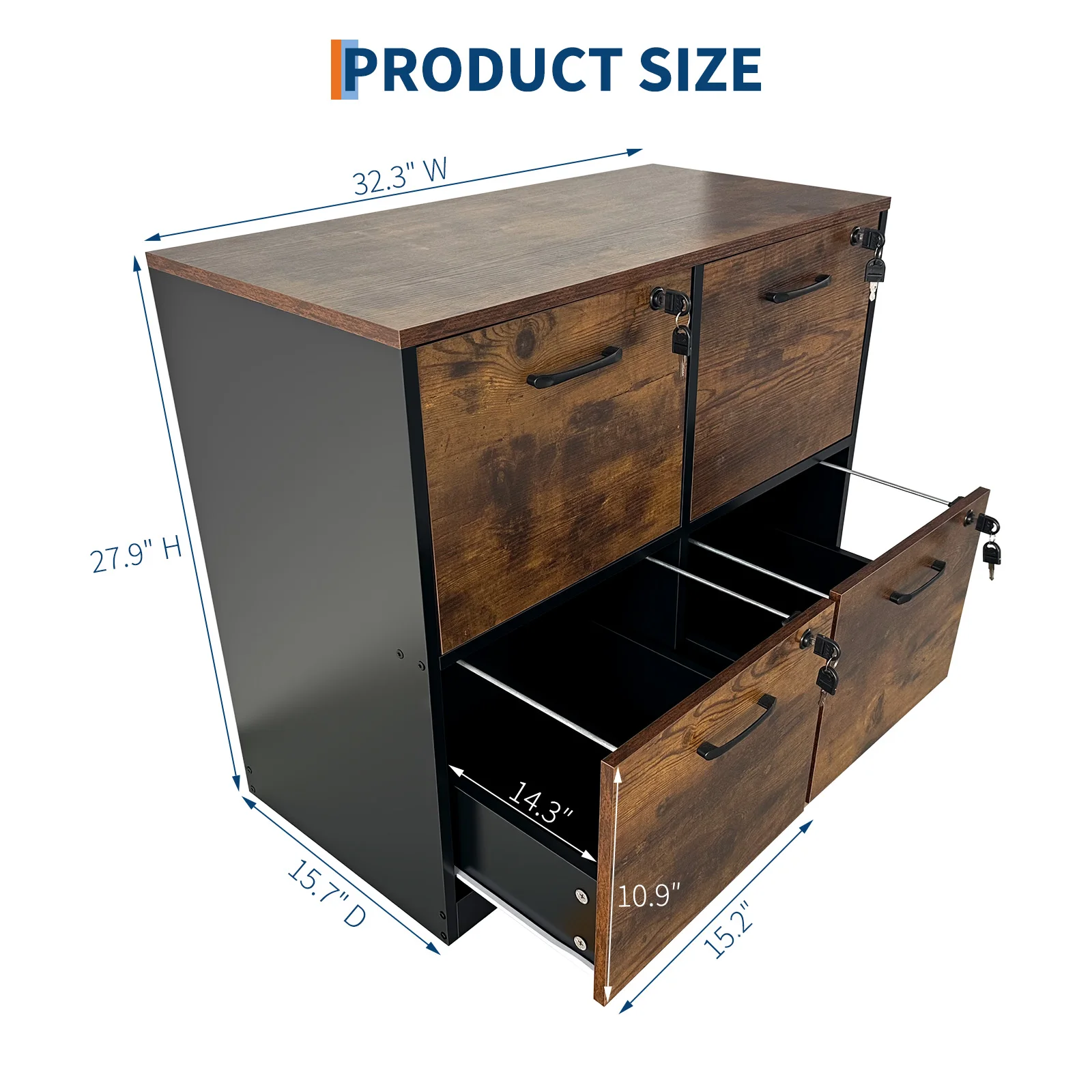 4 Drawer File Cabinet with Lock, Wooden Locked File Cabinets Printer Stand for Home Office, Lockable Filing Cabinet for Letter/A4 Size Files, Rustic Brown and Black