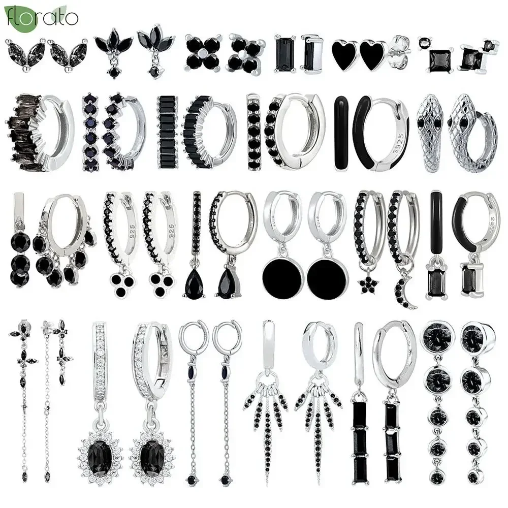 925 Sterling Silver Needle Fashion Black Zircon Pendant Earrings New Round/Cross Small Hoop Earrings dla kobiet Biżuteria do przekłuwania