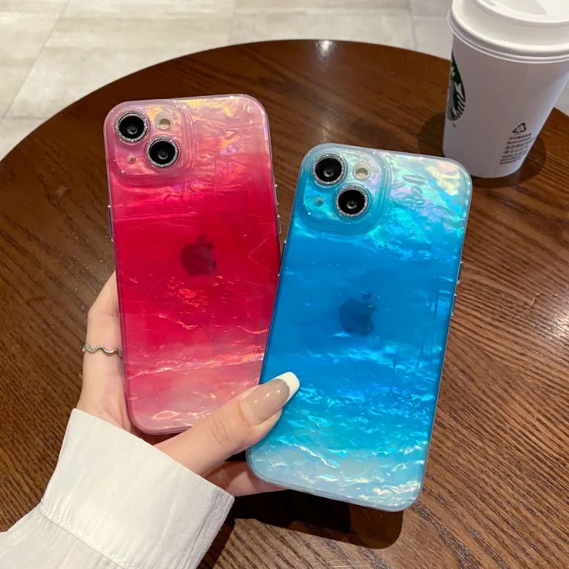 Gradient Waves Texture Glitter Lens Film Phone Case For iPhone 16 15 14 13 12 Pro Max 15 16 Plus 11 Seismic Protective Cover