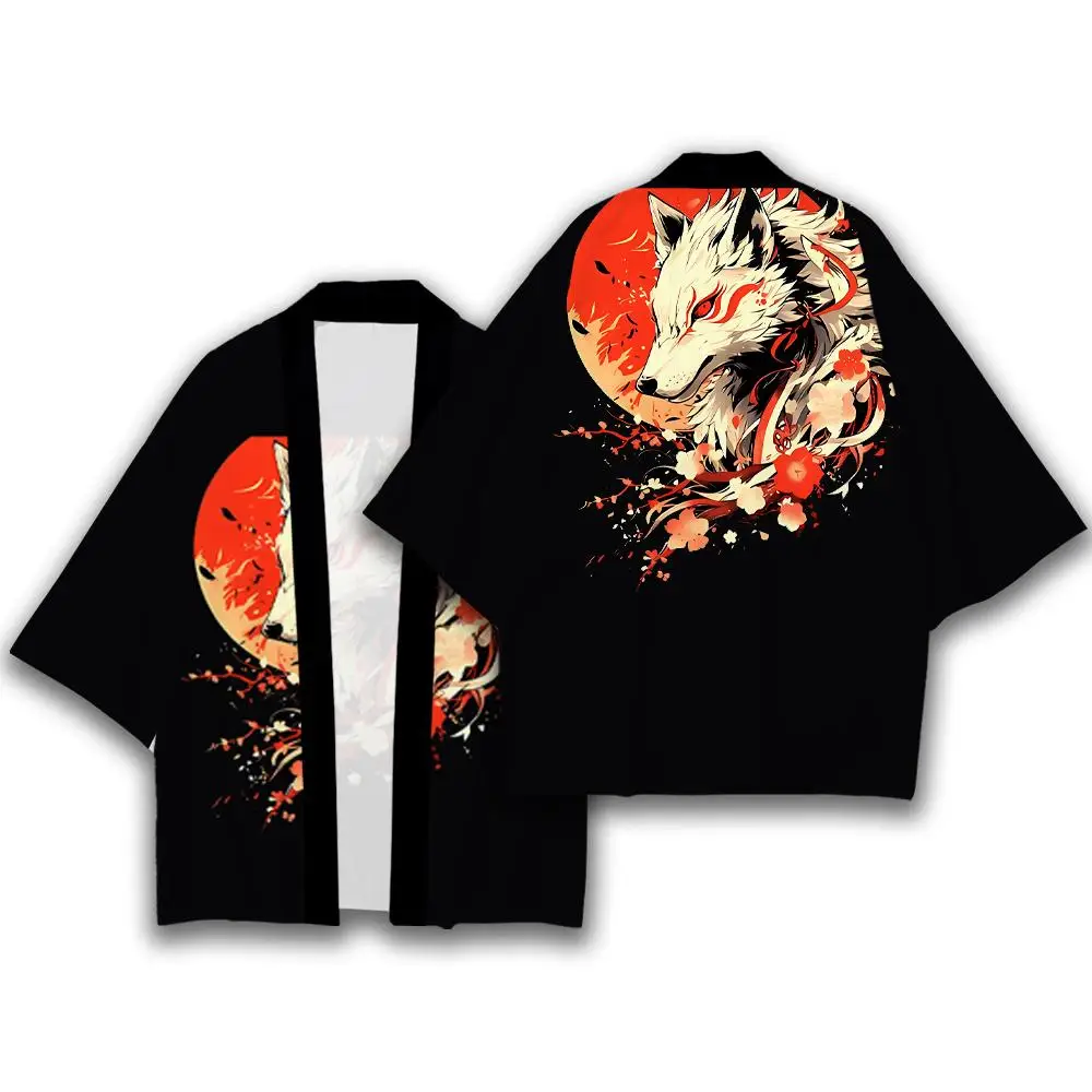 النمط الياباني التقليدي الكامل طباعة كيمونو Harajuku عطلة عادية الشاطئ سترة يوكاتا تسعة الذيل الثعلب Ukiyo-e الملابس