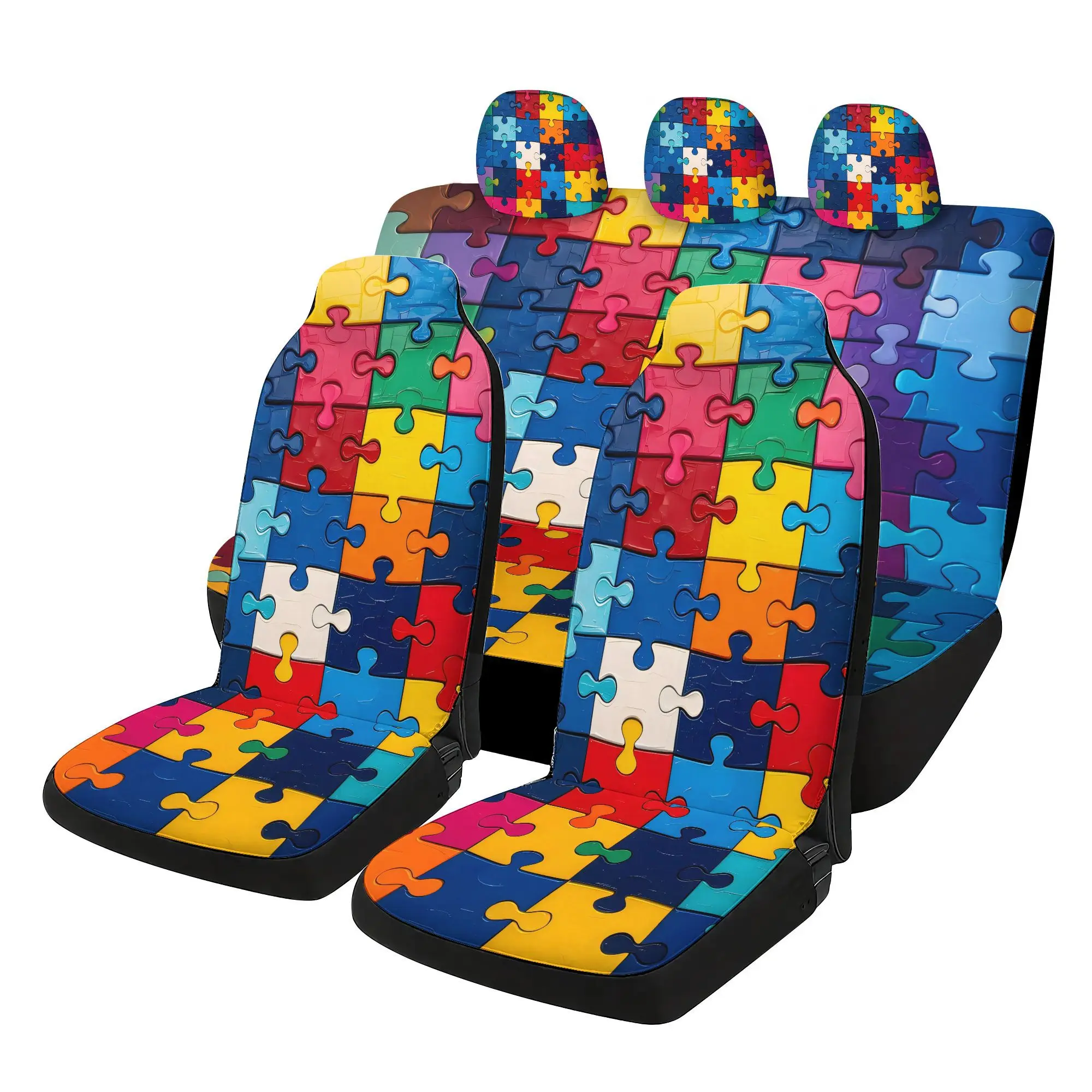 Colorful Puzzle Piece Print Car  Covers Set - 7pcs, Including 2 Front  Covers + 1 Rear  Back Cover + 1Rear  Cove