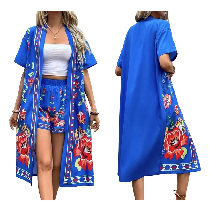 ABP-Kimono de manga corta bohemio floral de talla grande para mujer, prendas de vestir y pantalones cortos con frente abierto, traje de verano de 2 piezas