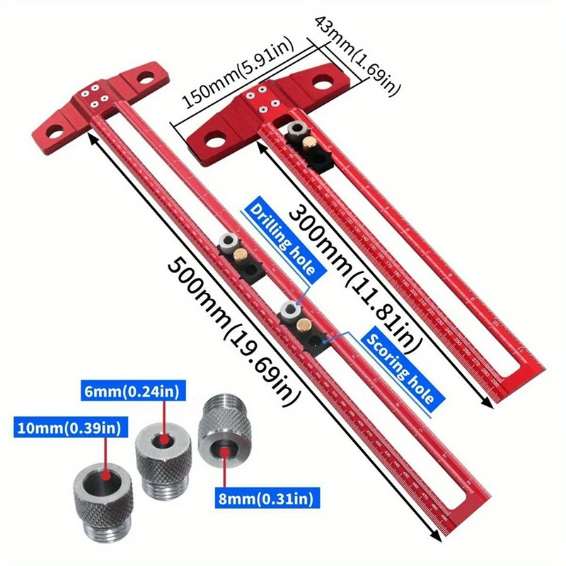 A57M-Woodworking 2-In-1 Drilling Positioning Scoring Ruler Scriber T Square Dowelling Jig With 6/8/10Mm Drill Sleeve