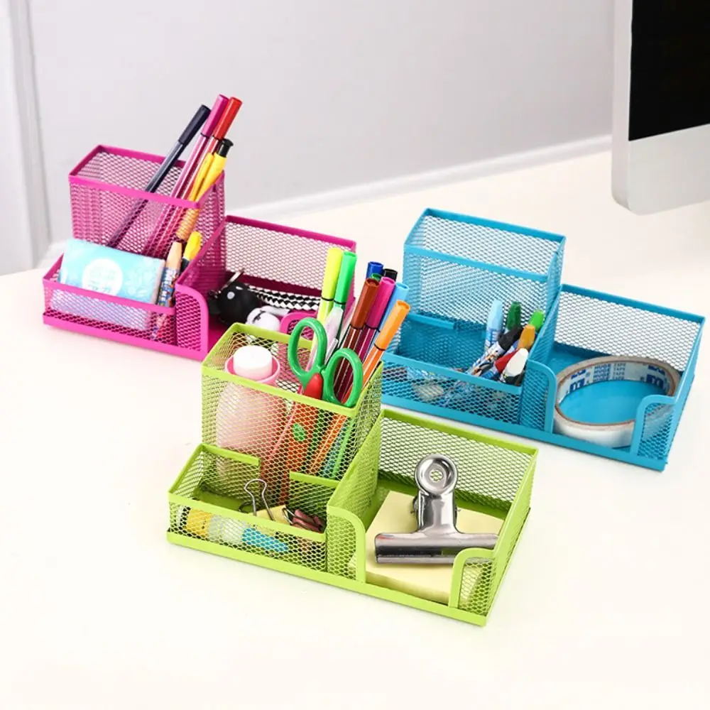 3/4 Grid Metal Mesh Pen Holder Large Capacity Creative Pencil Storage Box Space-Saving Multi-Purpose Desk Stationery Organizer