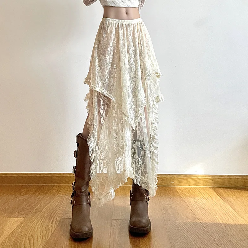 

Sexy Transparent Irregular Long Skirt Vintage Lace Asymmetrical Hem Ruffles Patchwork Loose A-line Midi Skirt Women Y2k Holiday