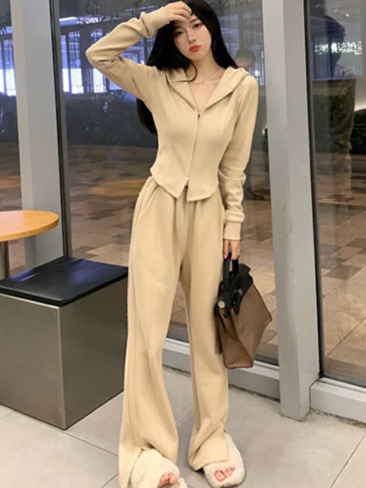 Y2K Solid Two Piece Set Tracksuit Women Hooded Zipper Jacket High Waist Wide Leg Pants Korean Fashion High Street Slim Outfits