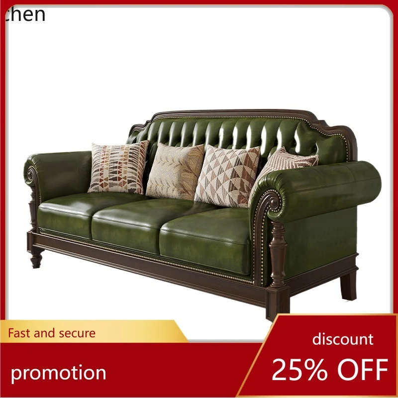 

H1 retro solid wood leather sofa first layer cowhide 123 combination simple beautiful living room villa furniture four people