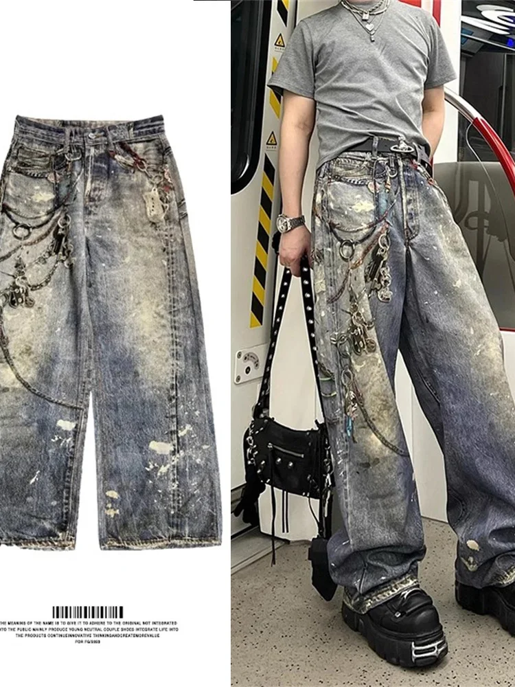 

American Sle Loose Dad Jeans Men's Spring Autumn Vintage Oversize Wide Leg Jeans Inkjet Printing Chain Design Youth Faion