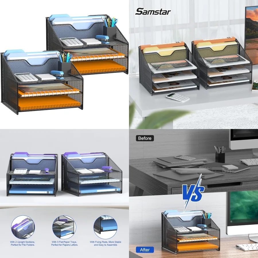 عبوتان من منظم الملفات الشبكي المكتبي مع 3 صواني ورقية وقسمين عموديين مستقيمين لإدارة المستندات الفعالة في المكتب #1