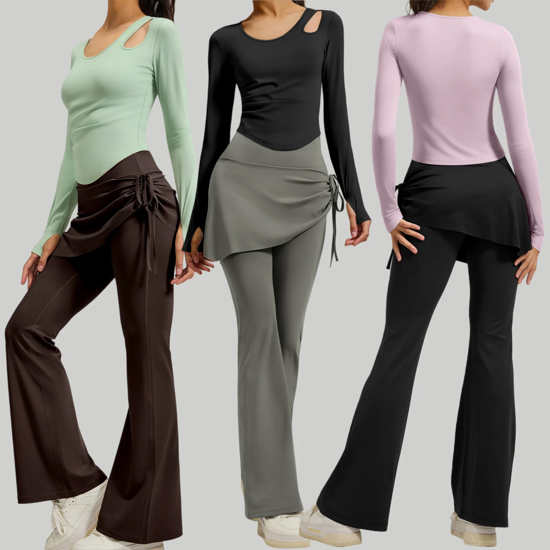 

Комплект для йоги из 2 предметов для женщин, топ для йоги с длинными рукавами и фиксированной накладкой на грудь, расклешенные брюки, облегающий спортивный костюм, комплект для бега, пилатеса, фитнеса