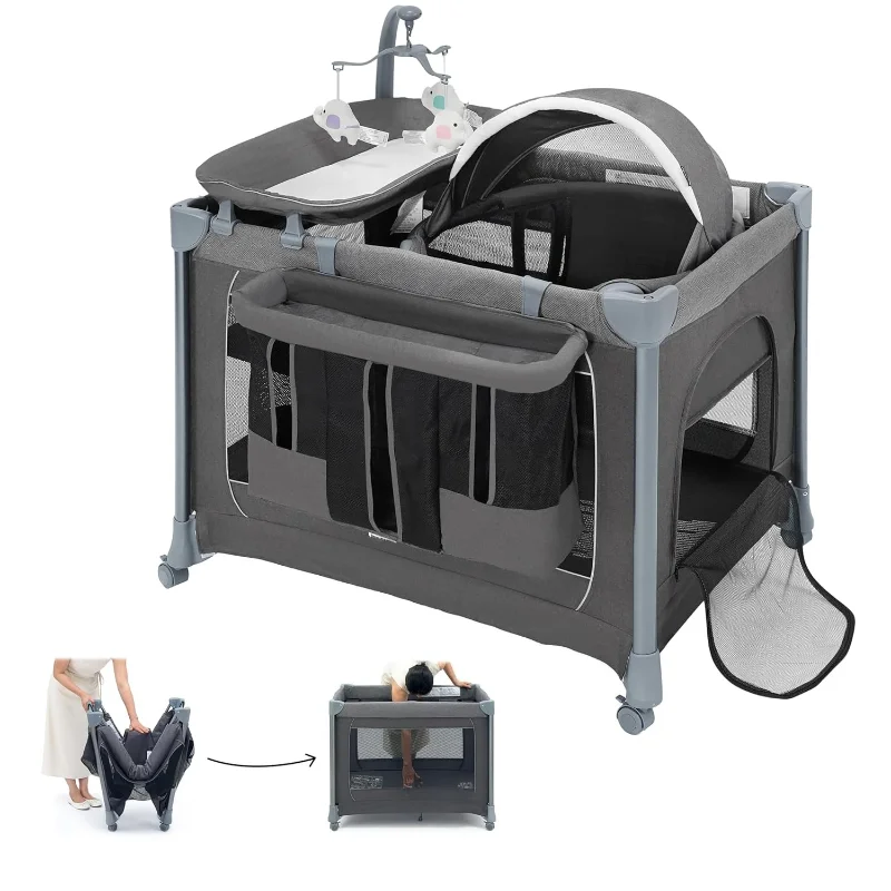 

4-in-1 Baby Playard, Deluxe Magic Fold Playpen, Play Yard with Zip Door & Changing Table & Mobile