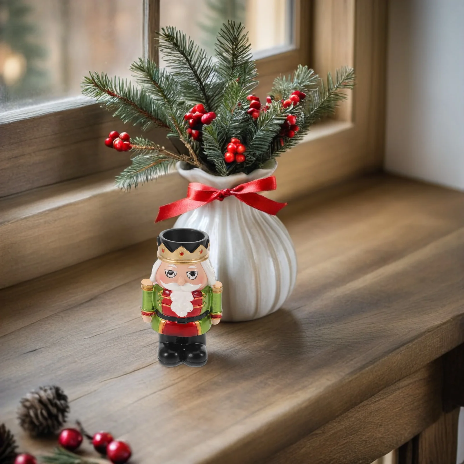 

Nutcracker Christmas Holder Resin Vintage Rustic Pedestal Taper Pillar Stand Xmas Table Fireplace Decoration