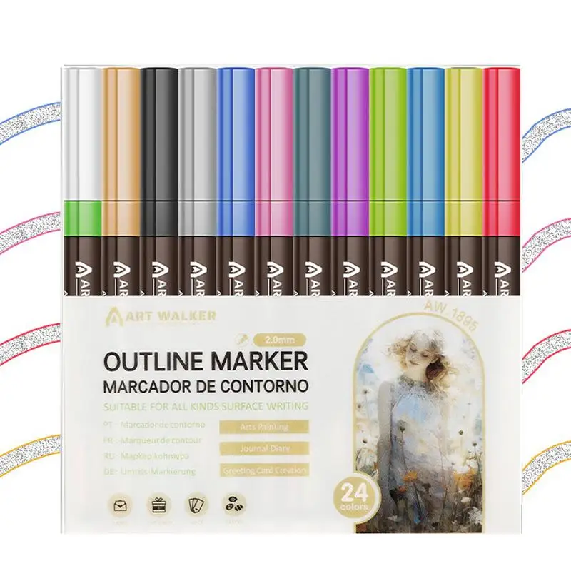 Outline Markers 8 Colors/12 Colors/24 Colors Drawing Markers Outline Pens Kids Marker Set Sparkle Pens Glitter Markers For