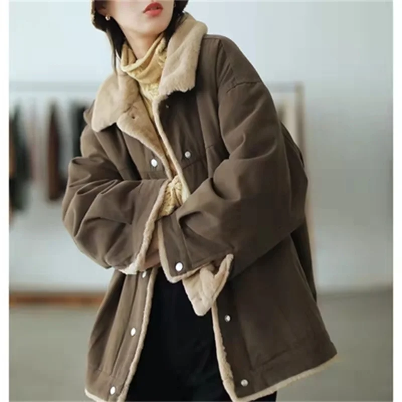 Cotton Coat Women's Coat 2022 Winter New Style Plush Thick Versatile Loose Long Sleeve Warm Cotton Coat Women's Solid Color X100