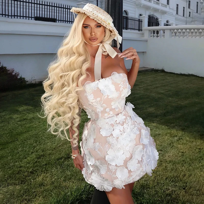 

Strapless Floral Applique Mini Dress Sexy Sheer Mesh Party Gown White 3D Flower Embellished Cocktail Party Dress New Customized
