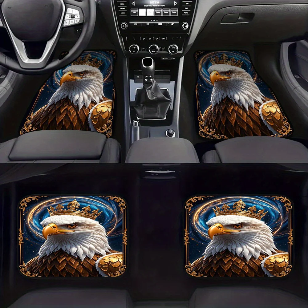 4pcs Car Mats With Majestic Eagle Royal Crown Design - Durable Polyester, Easy Maintenance, Fit For SUVs & Hatchbacks, Perfect F