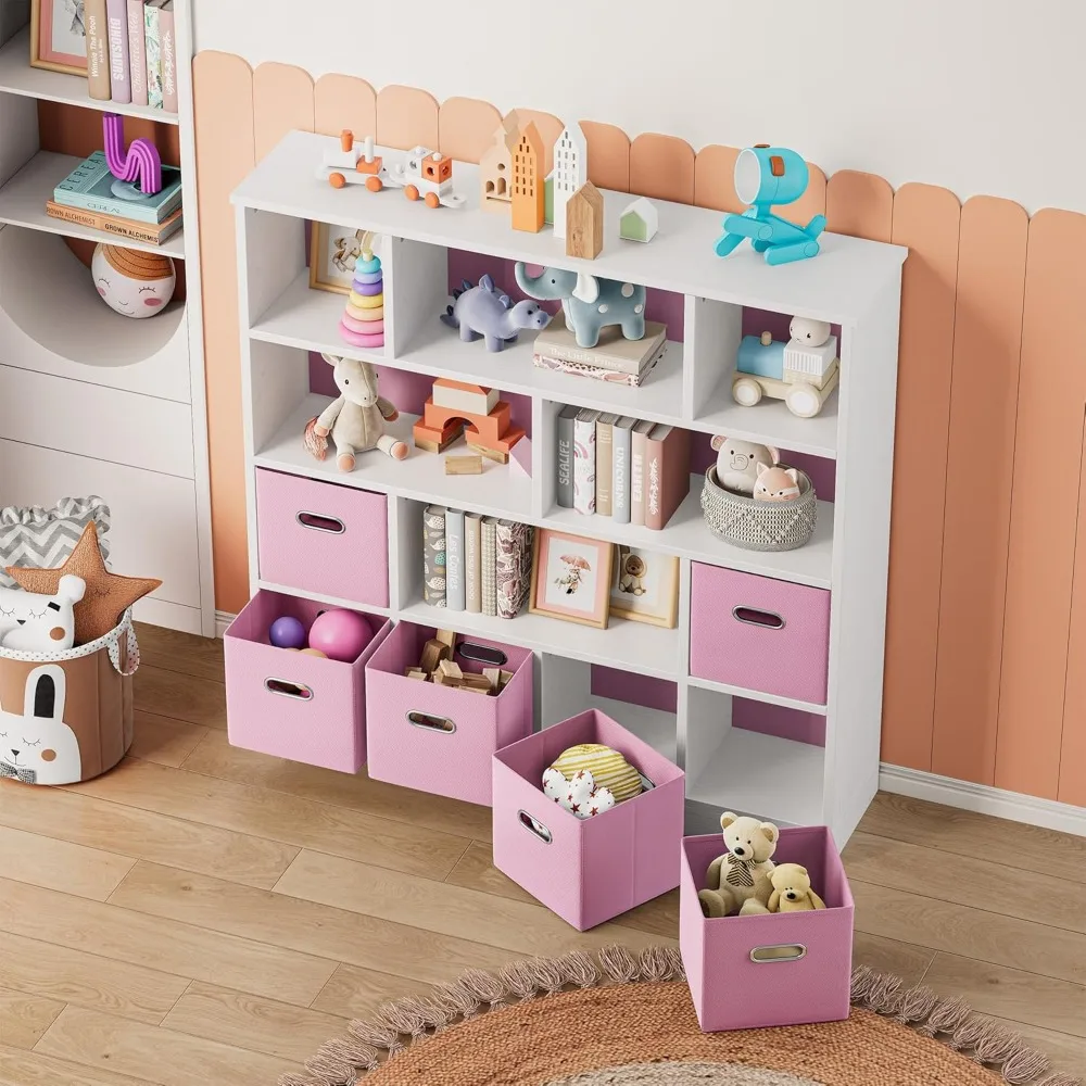 12칸 나무 수납 선반, 6개의 수납함, 어린이용 3단 책장, 장난감 및 책 보관함, 핑크색