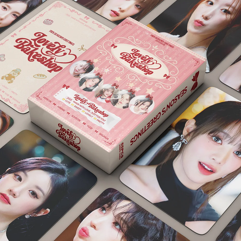 55Pcs/Set KPOP G-IDLE 2025 Lovely Bakeshop Boxed Card High Quality Double Side Printing LOMO Card SHUHAU YUQI MINNIE MIYEON Gift