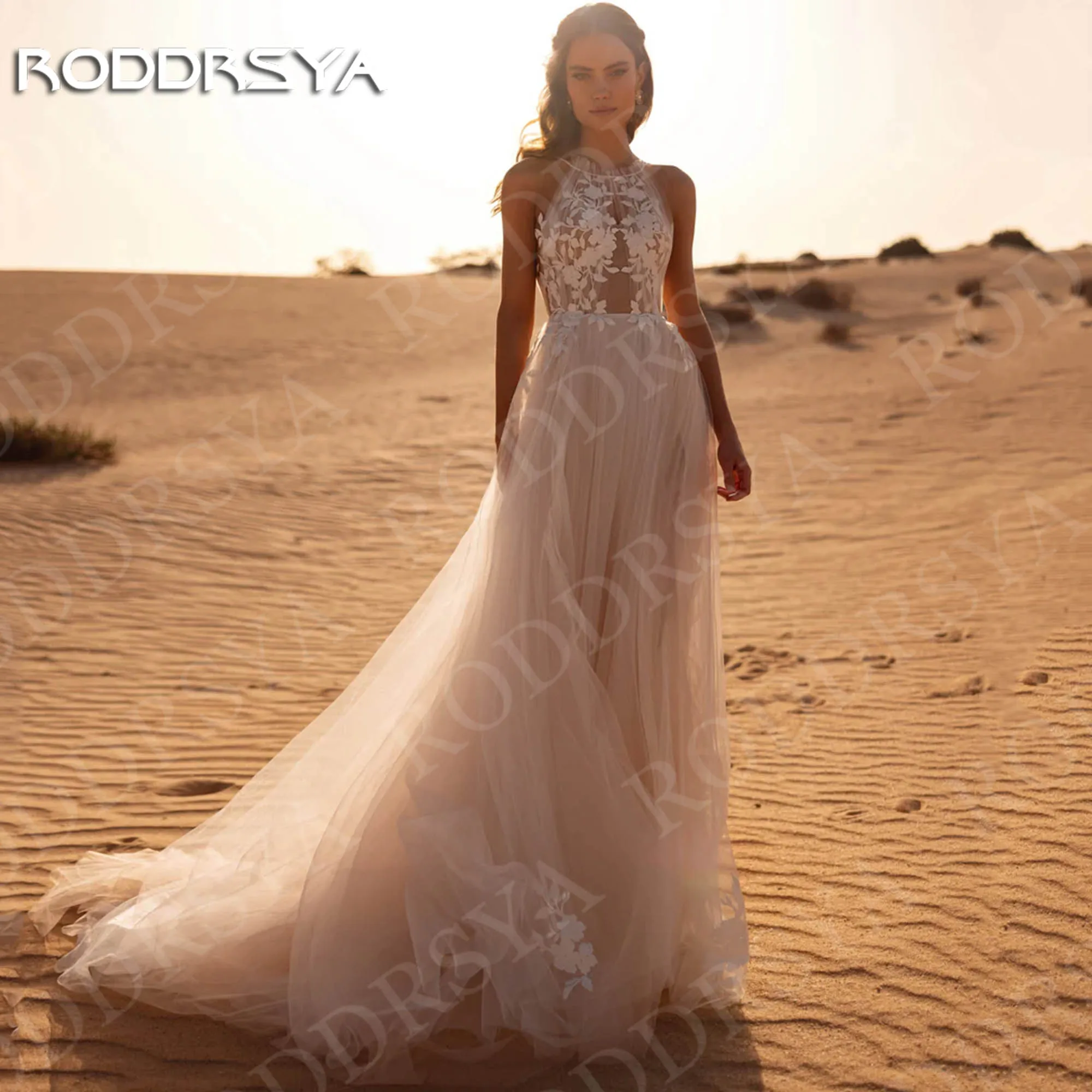 

RODDRSYA Bohemian Wedding Dress Beach Boho Backless A-Line Halter Neck Lace Tulle Bridal Dresses Customized vestido de novia