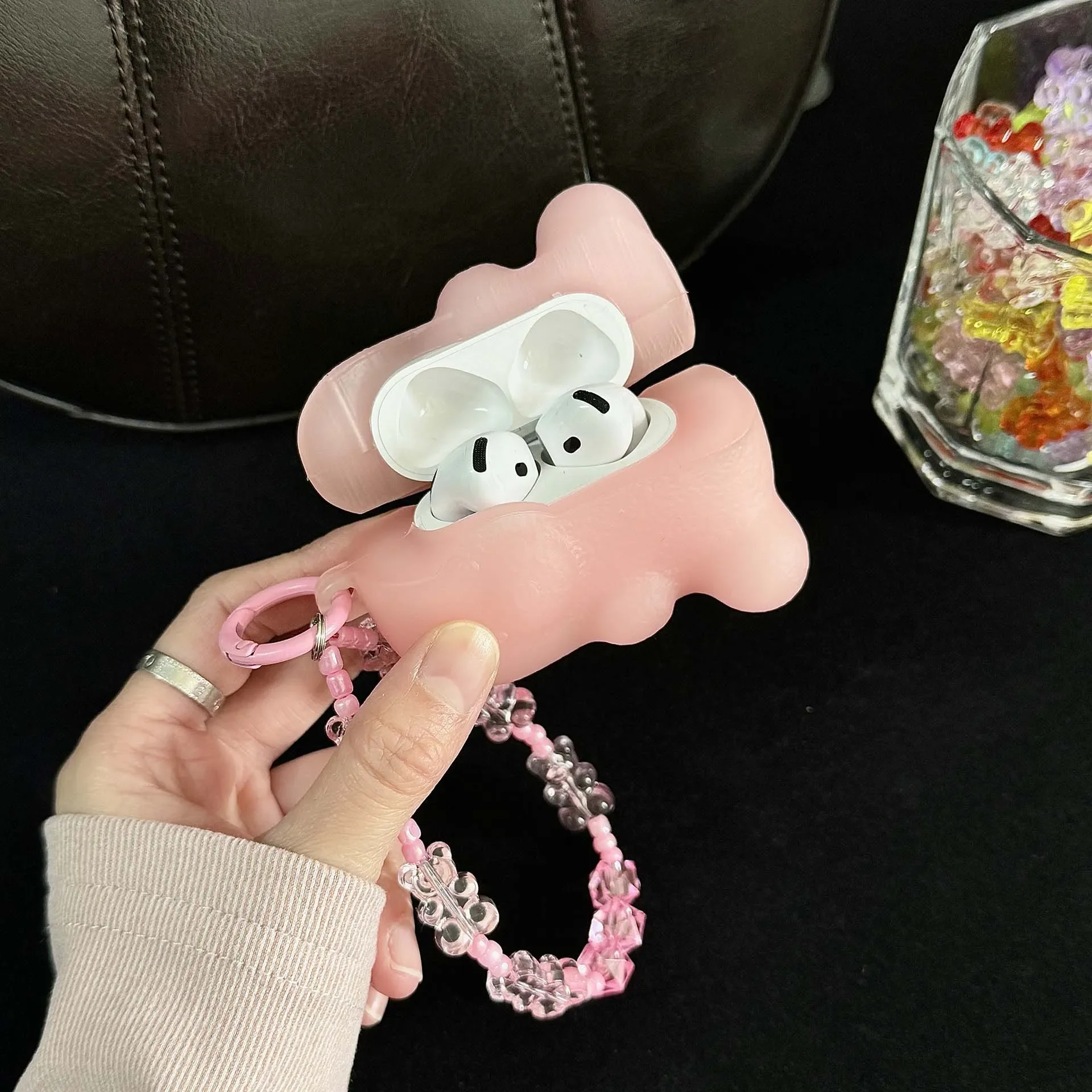 ピンクのAirPods1,2, 3 pro,pro2用の明るいクマのケース,Bluetoothイヤフォン用の充電ボックス,保護イヤホン用のケース