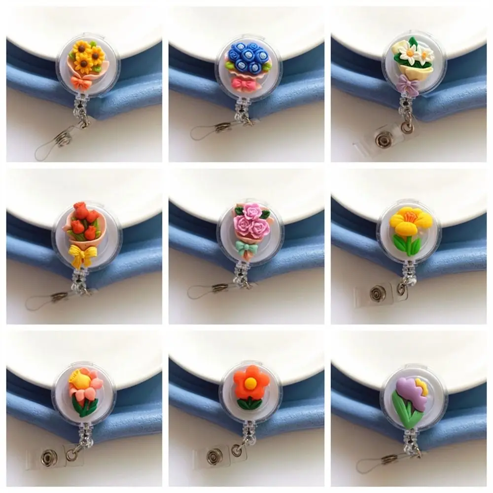 Cartoon Flower Nurse Badge Reel Retractable Name Tag Flora Badge Holder Resin Chest Card Easy Pull Buckle Hospital Use