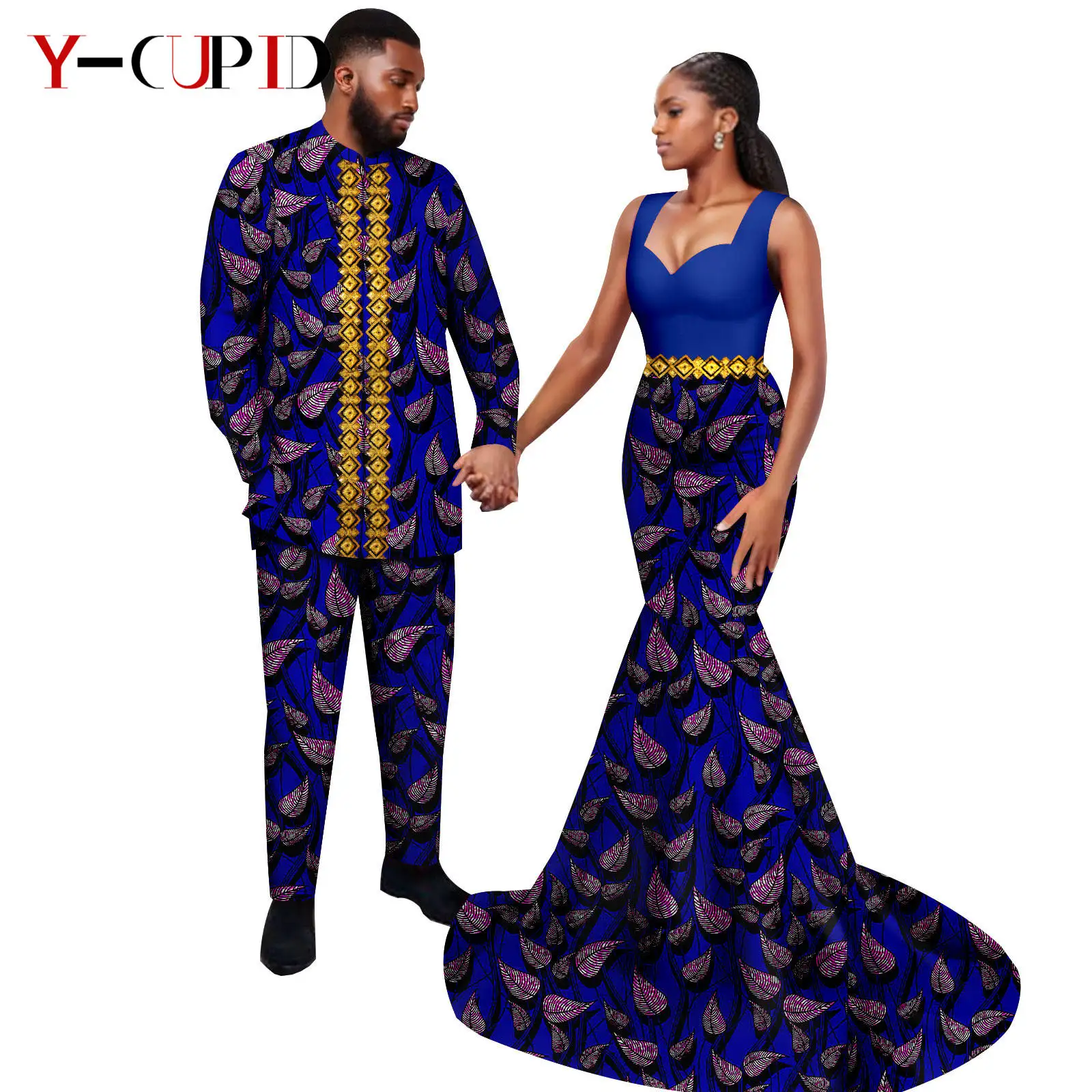 African Print Long Mermaid Dresses for Women Matching Couple Clothes Dashiki Men Outfits Appliques Top and Pant Sets 24C083