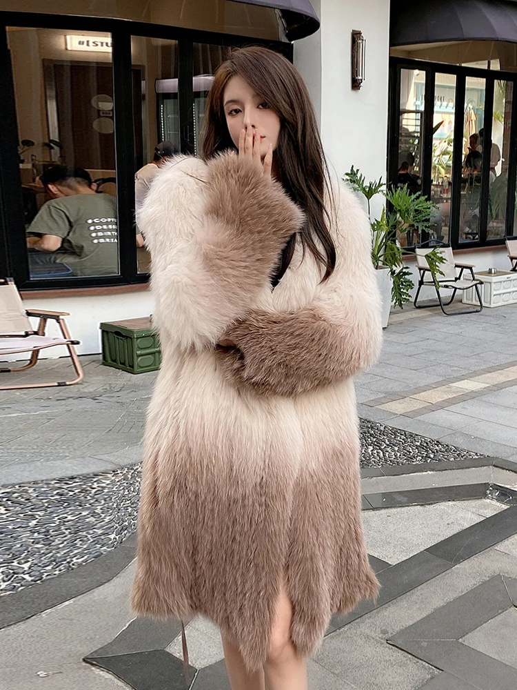 2024 New Real fur,Real Fox Fur Coat Women  Autumn Winter Knitted Cardigan Jacket Female Thick Warm Gradient Color Long Fur Overc
