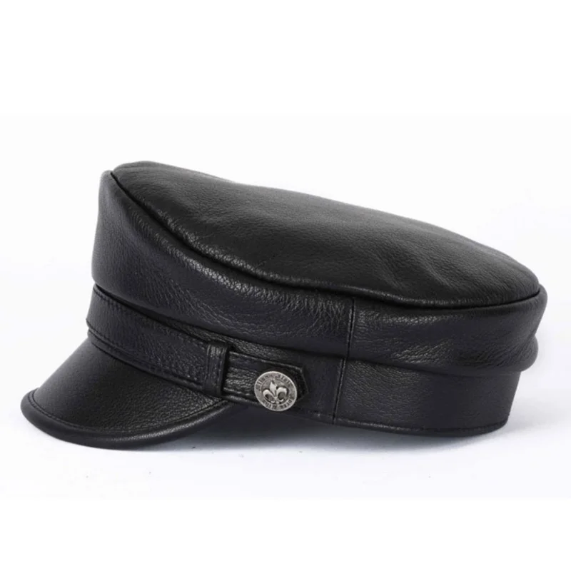 Genuine Leather Captain Hat Men Spring Korean Fashion Short Brim Navy Caps Male High Quality Black White Flat Gorras Hombre