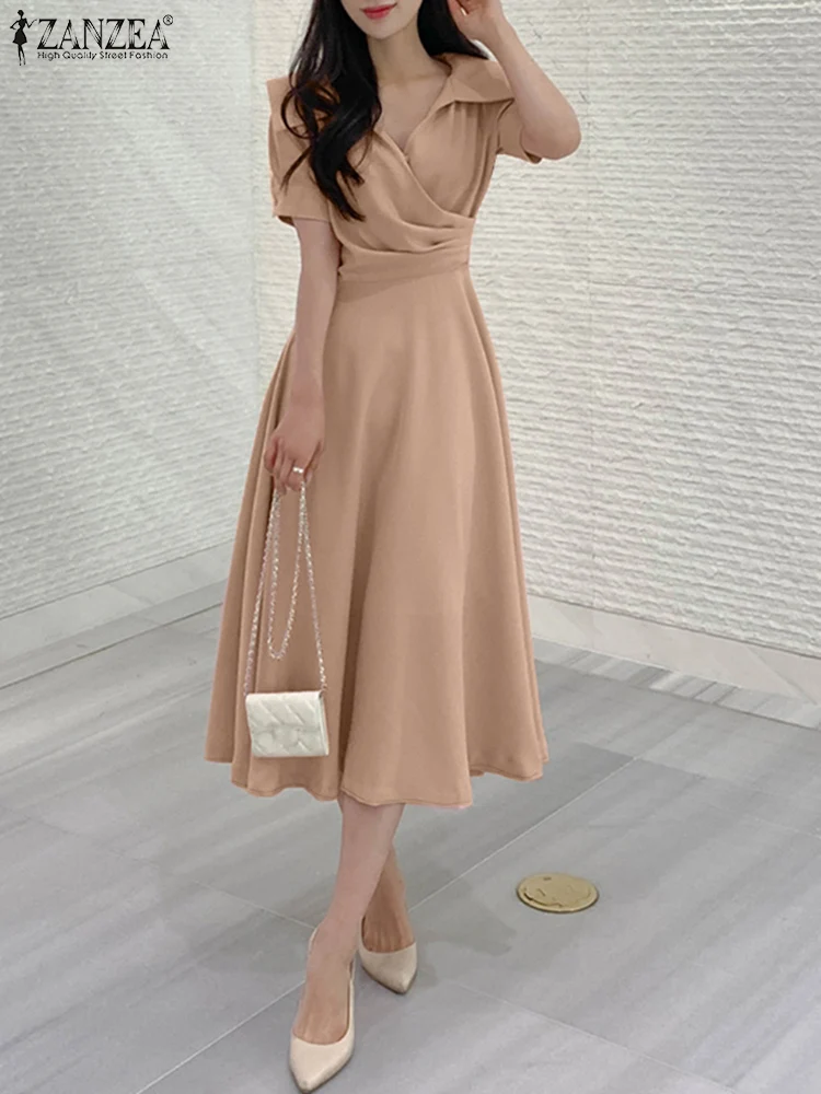 ZANZEA Korean Style Women Midi Dress Elegant Wrapped V Neck Short Puff Sleeve A-line Vestidos Casual Solid Color Party Robes